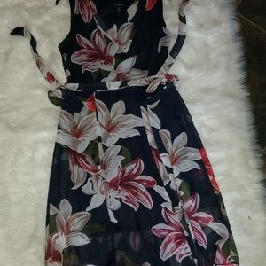 Sleeveless Black Floral Midi Dress with Pink Accents